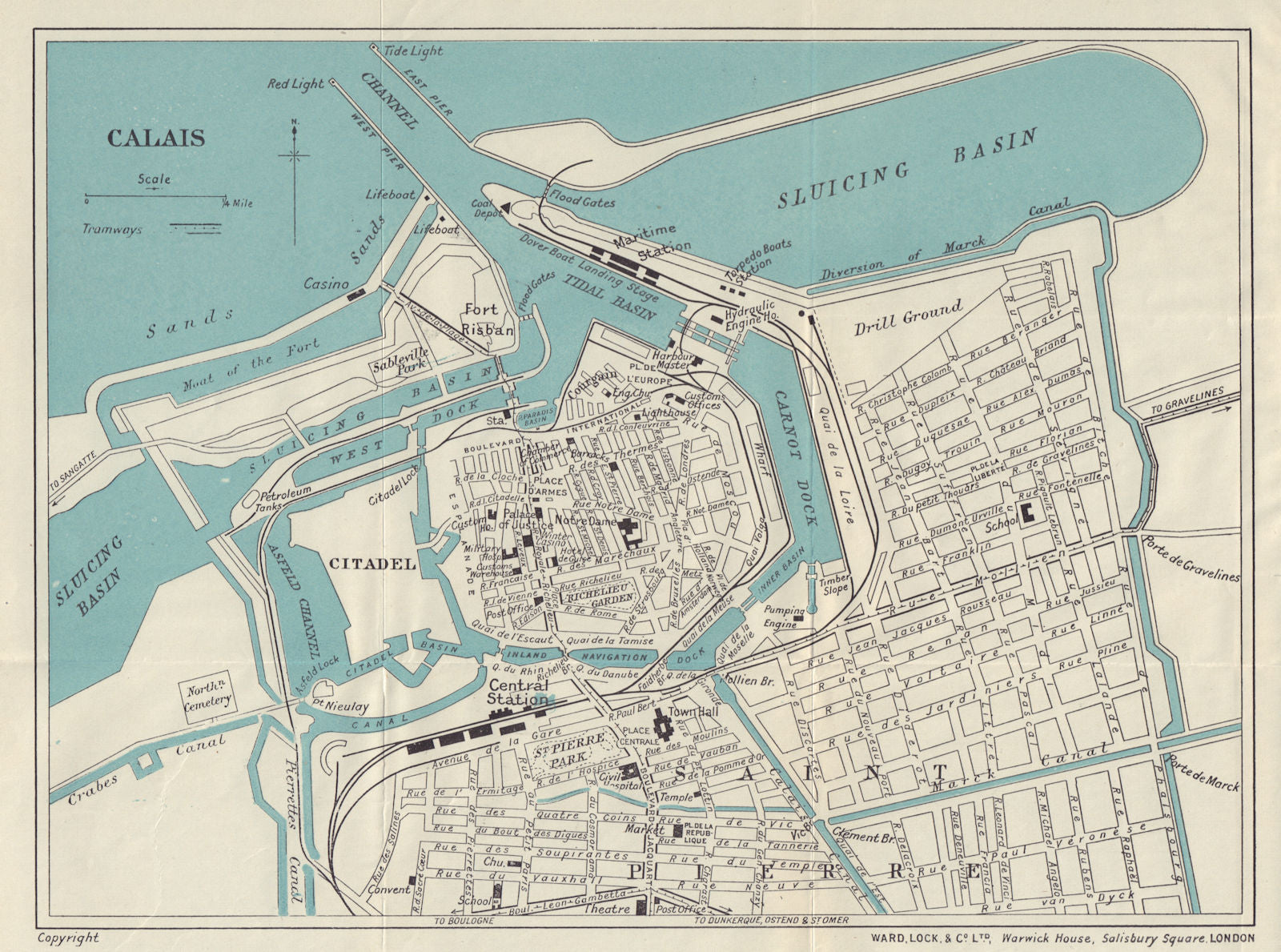 CALAIS vintage tourist town city plan. Pas-de-Calais. WARD LOCK 1924 old map